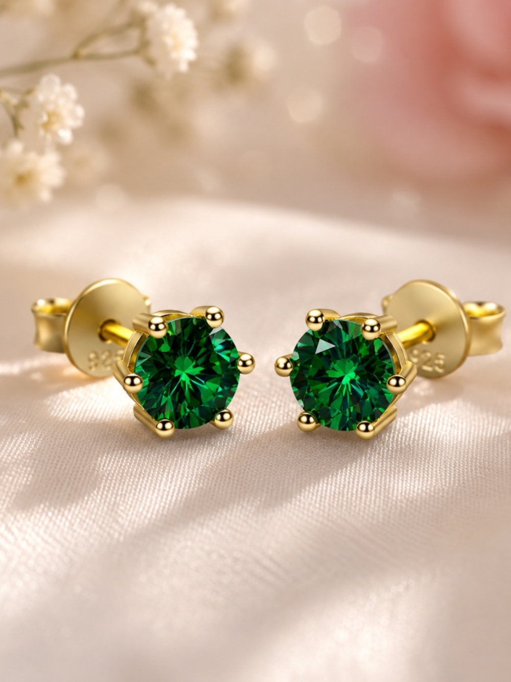 Deep Green 5mm Moissanite Stud Earrings in Sterling Silver 925 , Top Grade VVS